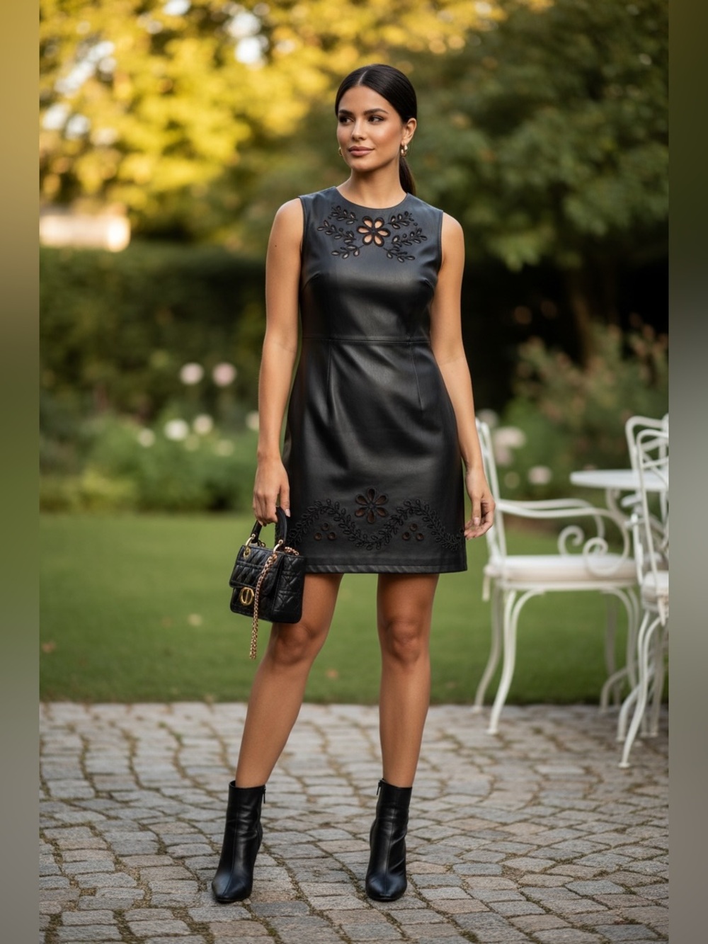 RED VALENTINO Black Leather Lace Eyelet Dress Sleeveless Mini dress  Made Italy